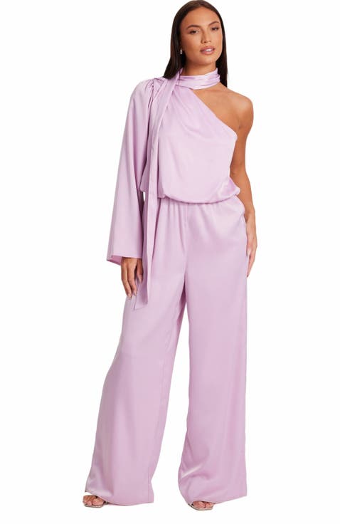 One Sleeved Satin Jumpsuit With Scarf Detail