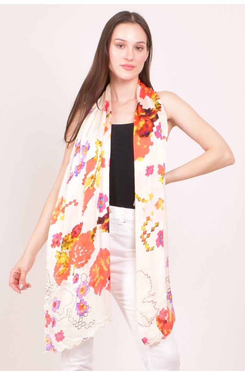 RAAS Printed Silk Scarf with Asymmetric Cutwork Border, Main, color, White