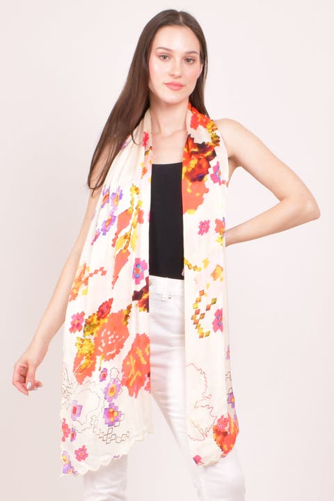 Printed Silk Scarf with Asymmetric Cutwork Border