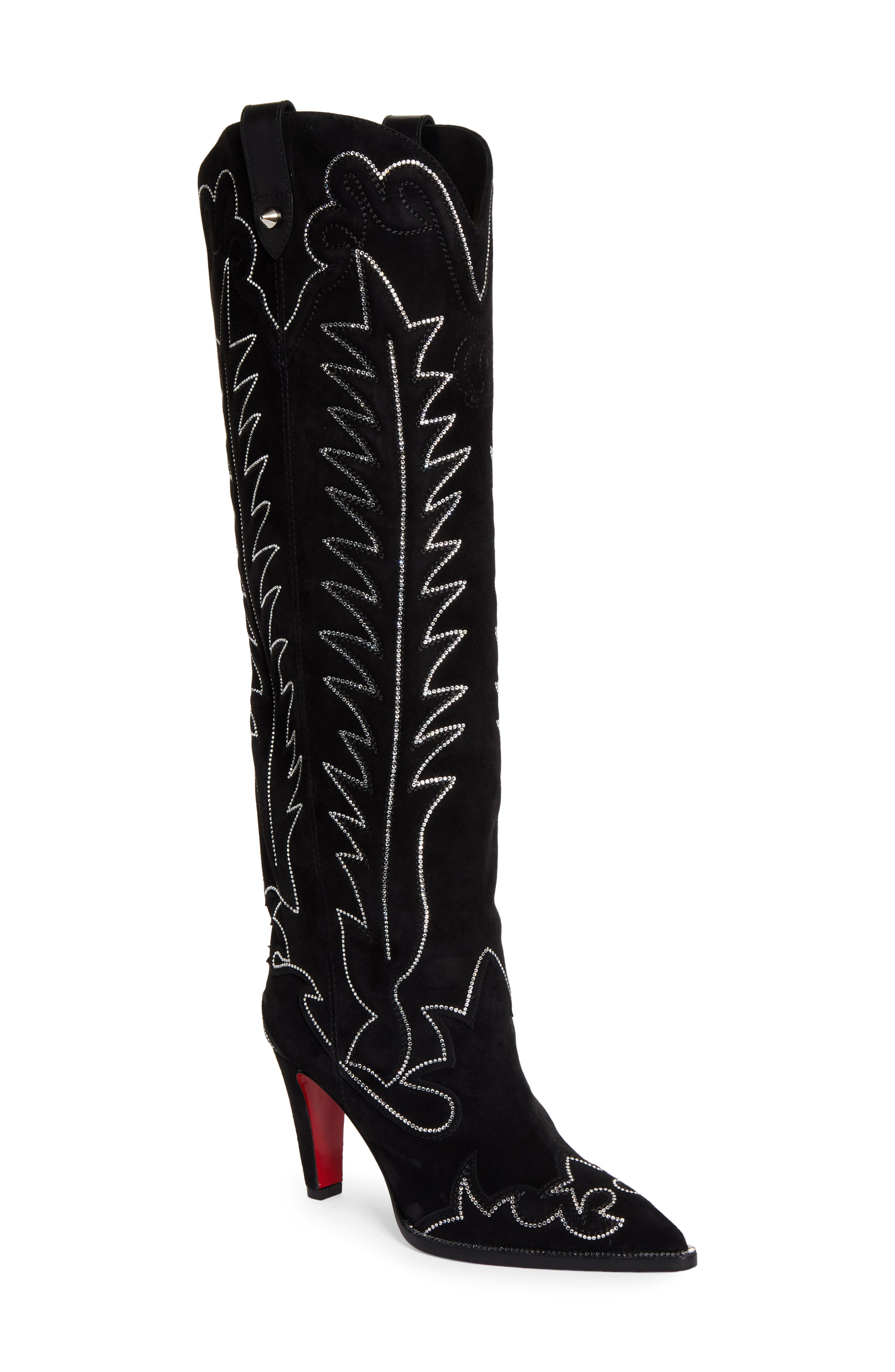 Christian Louboutin Santia Crystal Beaded Knee High Western Boot, Main, color, Black/ Bk Luc