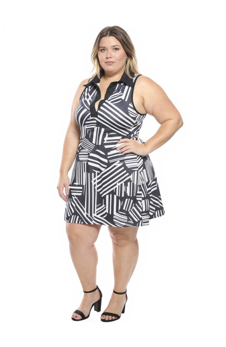 24seven Comfort Apparel Plus Size Geometric Sleeveless CollaKnee Length A-Line Dress, Alternate, color, Black Multi