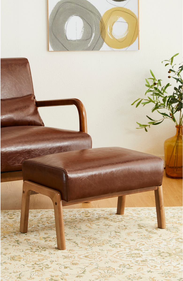 Glitzhome Mid-century Modern Faux Leather Accent Stool with Walnut Rubberwood Legs, Alternate, color, Coffee