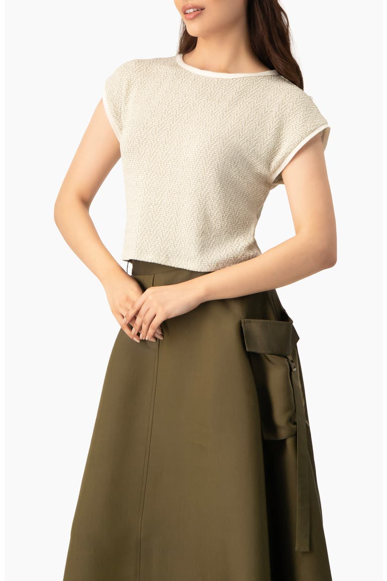 Textured Cap Sleeve Boat Neck Knit Cropped Top, Alternate, color, Gold