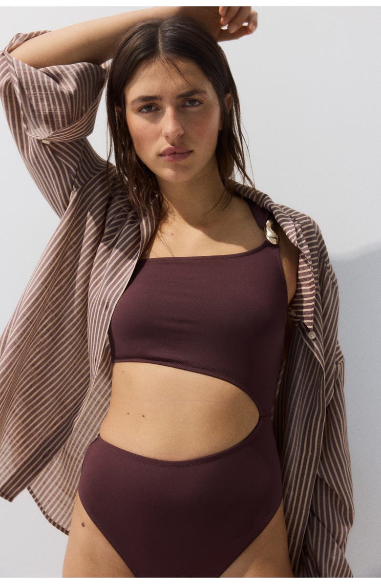 H&M Padded-cup One-shoulder Swimsuit, Alternate, color, Dark Brown