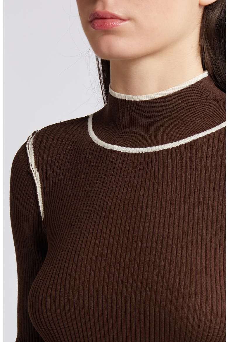 Contrast Seam Mock Neck Long Sleeve Top, Alternate, color, BROWN