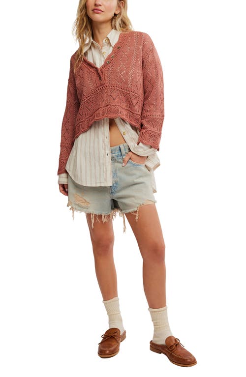 Shop Free People Cotton Blend Crop Pointelle Sweater In Cedarwood
