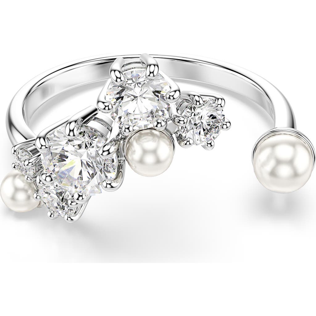 Swarovski Crystal Cultivated Pearl Round Cuts Statement Ring In White Gold