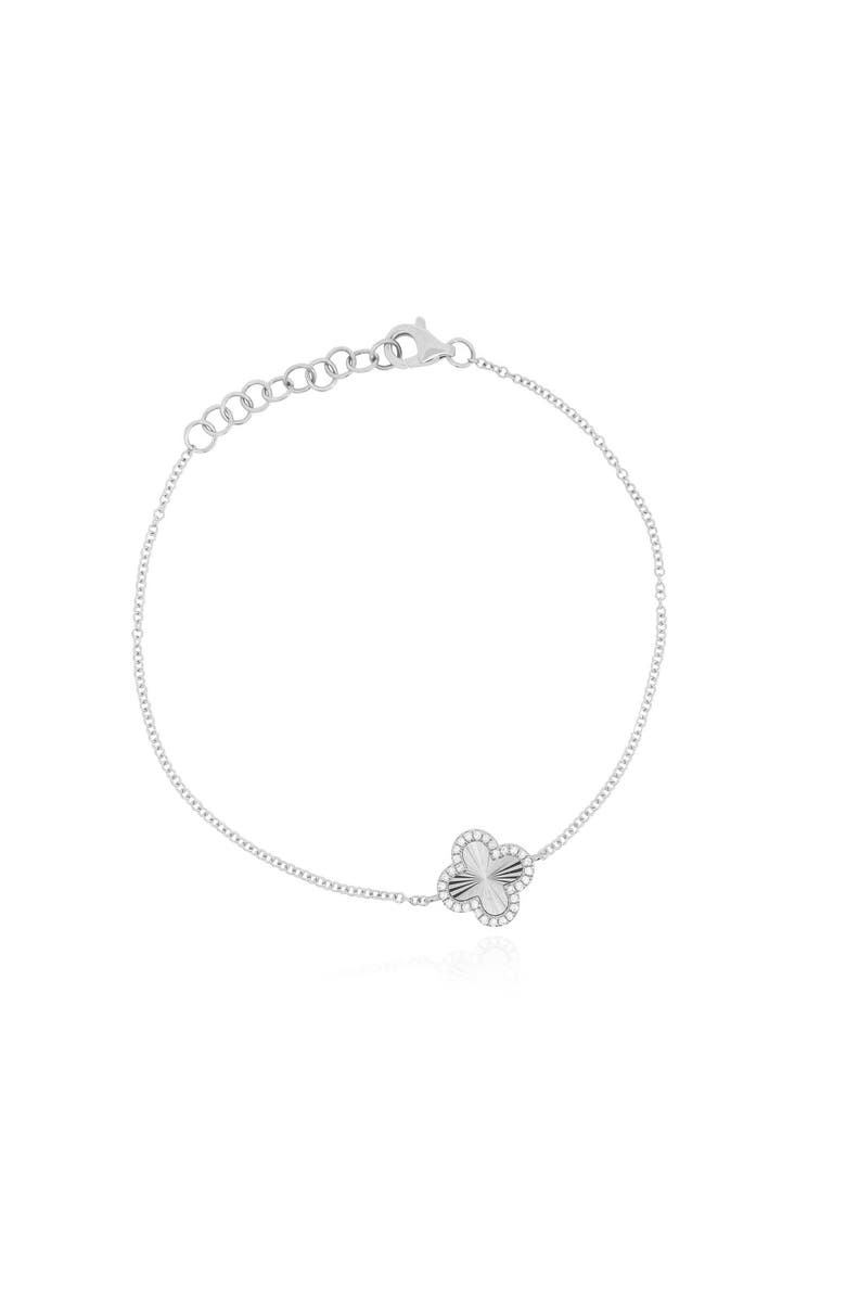 The Lovery Fine Jewelry Fluted Gold Diamond Halo Clover Bracelet, Main, color, White Gold