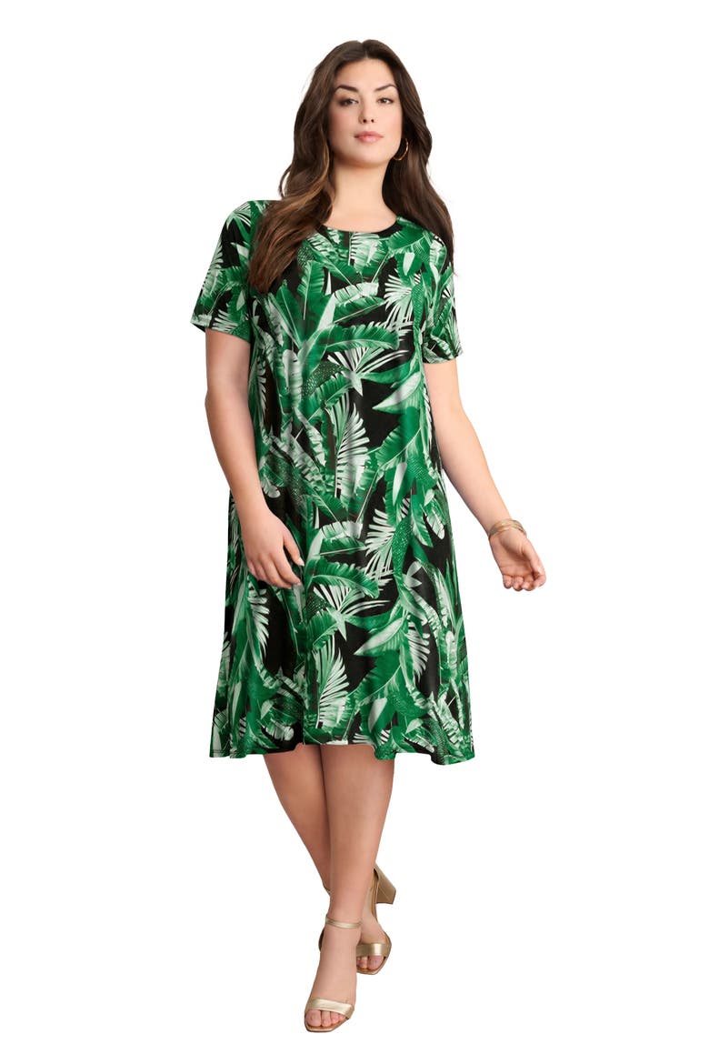Stretch Knit Short Sleeve Swing Dress With Pockets, Main, color, GREEN PALM LEAVES