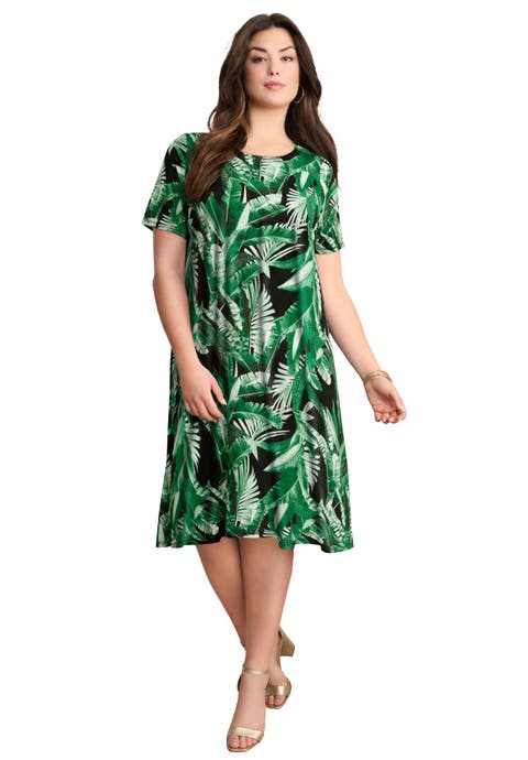 Stretch Knit Short Sleeve Swing Dress With Pockets