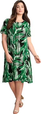 Roaman's Stretch Knit Short Sleeve Swing Dress With Pockets