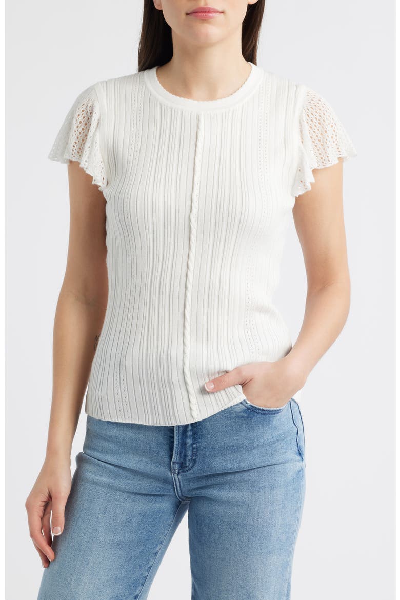 Pointelle Flutter Sleeve Sweater, Alternate, color, OFF WHITE