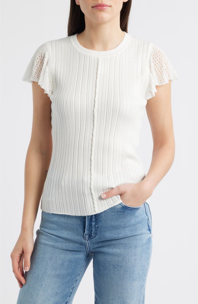 Wit & Wisdom Pointelle Flutter Sleeve Sweater, Alternate, color, Off White