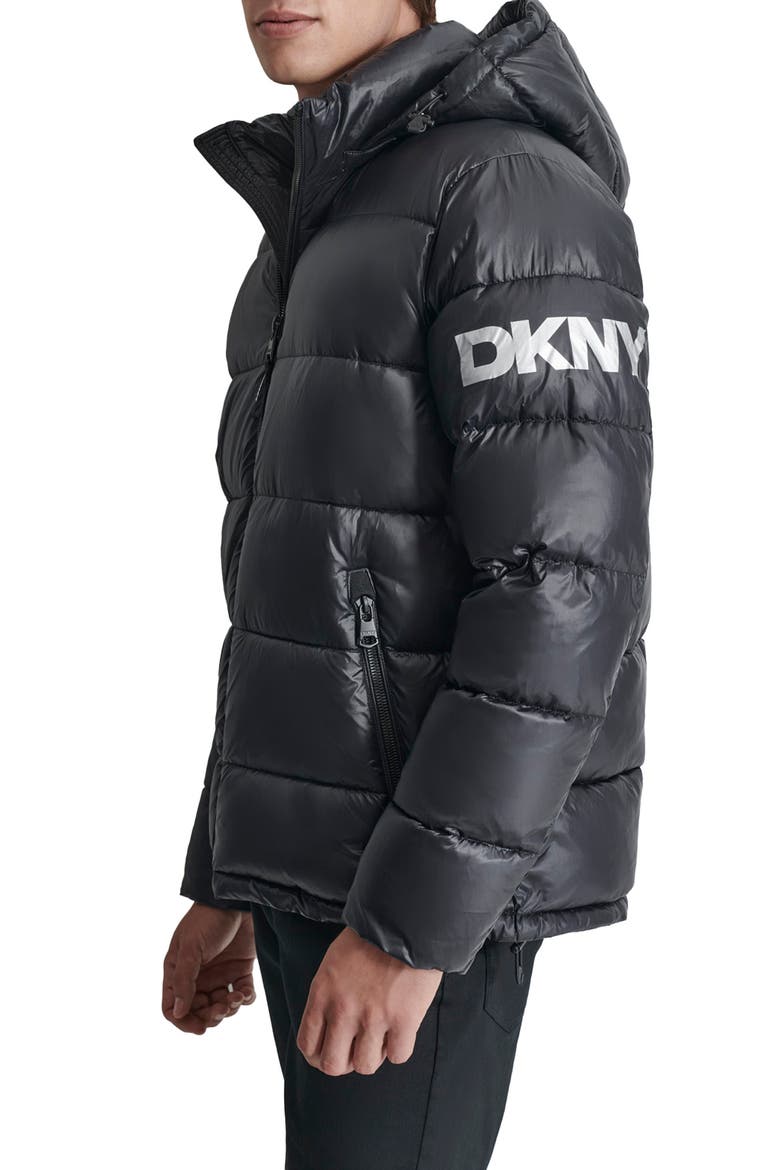 Hooded Nylon Puffer Jacket, Alternate, color, BLACK