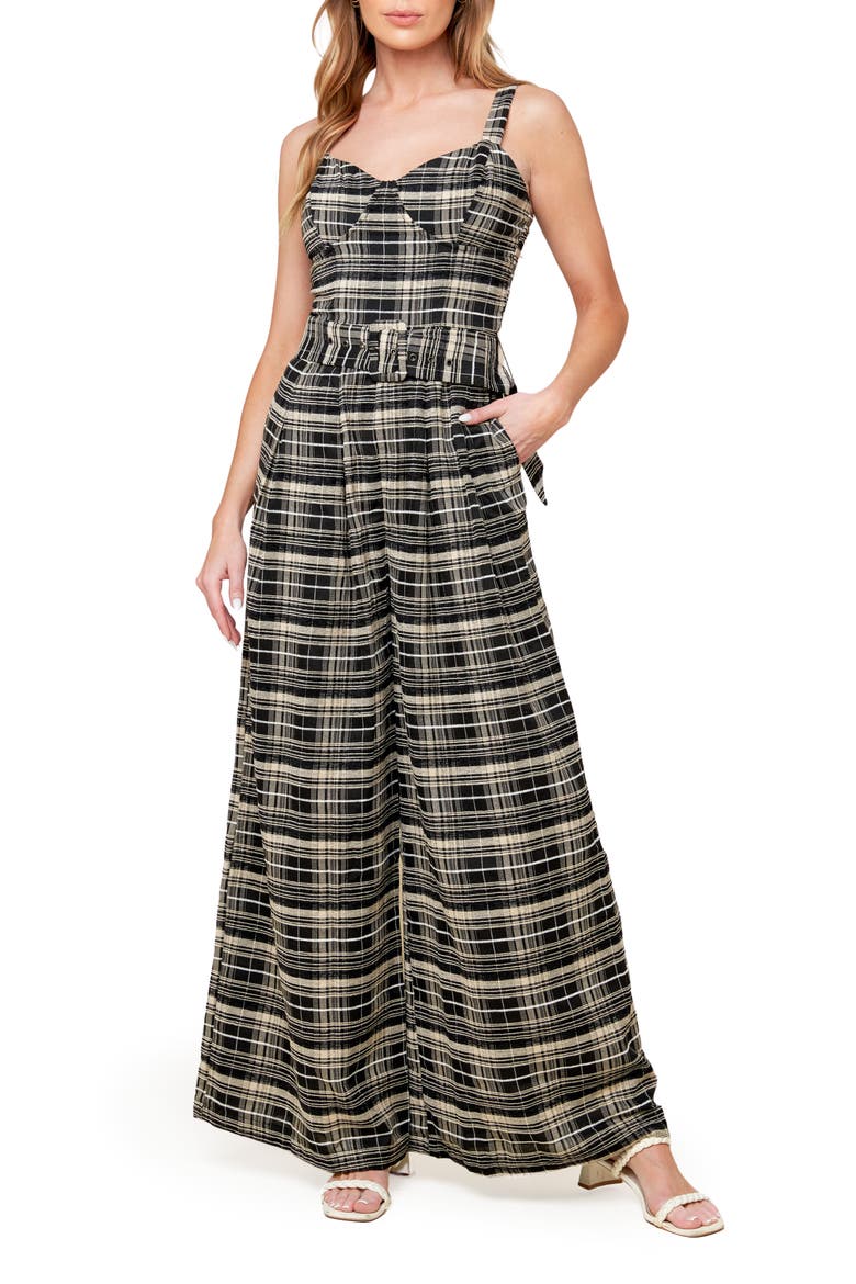Plaid Wide Leg Jumpsuit, Main, color, BLACK
