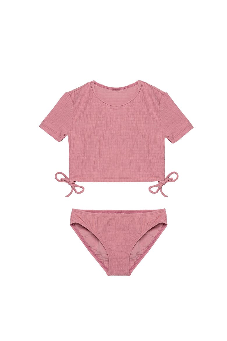 Neapolitan Textured Short Sleeve Side Tie Swim Set, Main, color, Pink