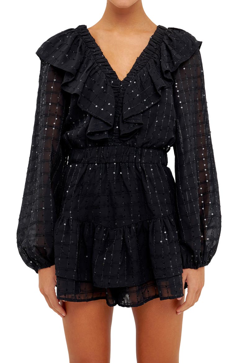 Sequin Long Sleeve Romper, Alternate, color, BLACK
