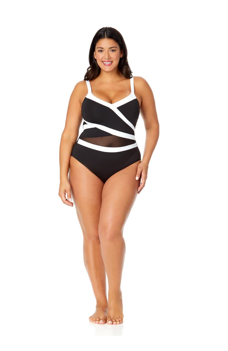 Anne Cole Plus Women's Plus Mesh Around Mesh Insert One Piece Swimsuit, Alternate, color, Black