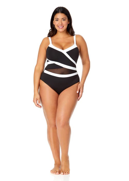 Shop Anne Cole Plus Plus Mesh Around Mesh Insert One Piece Swimsuit In Black