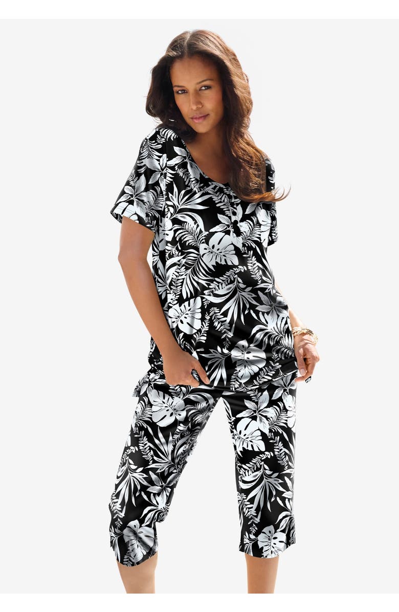 Roaman's Plus Size 2-Piece Printed Henley Top and Capri Set, Main, color,