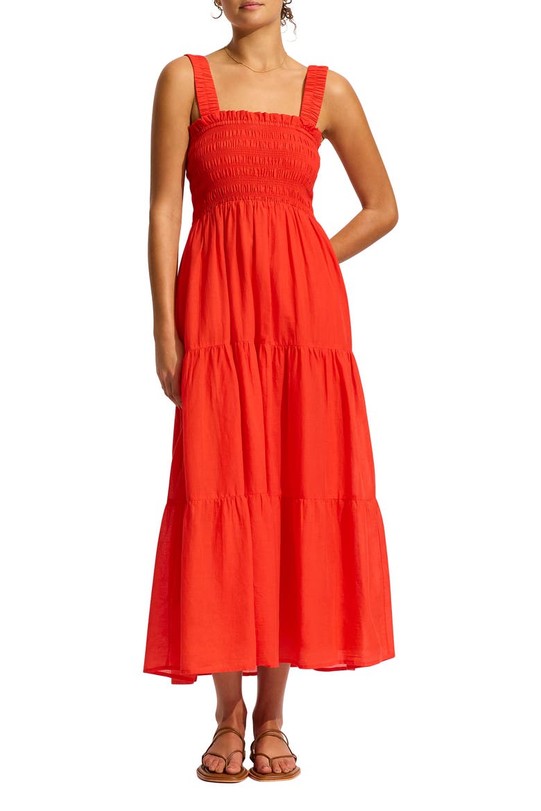 Faithful Smocked Tiered Cotton Cover-Up Midi Dress, Main, color, FLAME