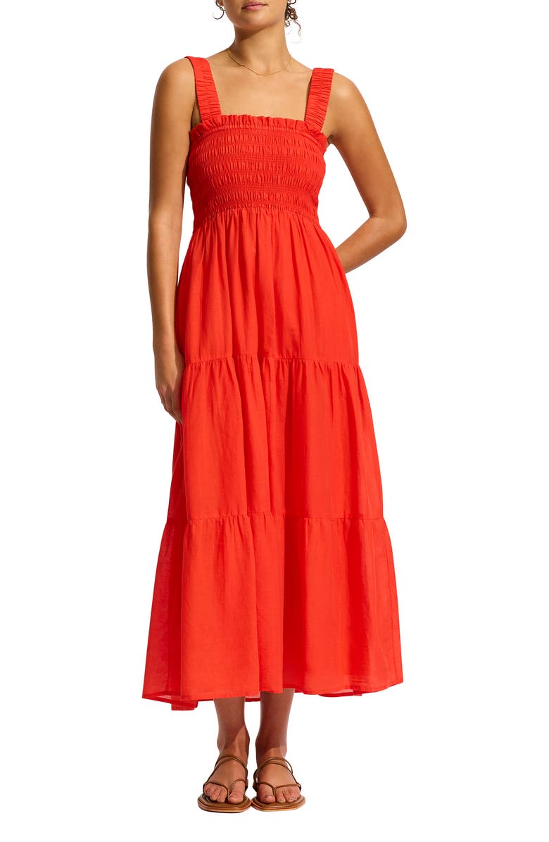 Seafolly Faithful Smocked Tiered Cotton Cover-Up Midi Dress, Main, color, Flame