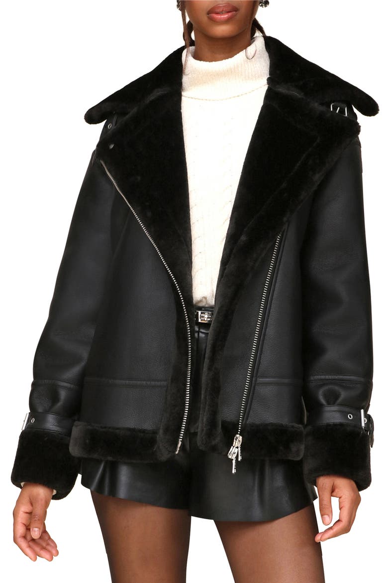 Oversize Faux Shearling Moto Jacket, Main, color, BLACK