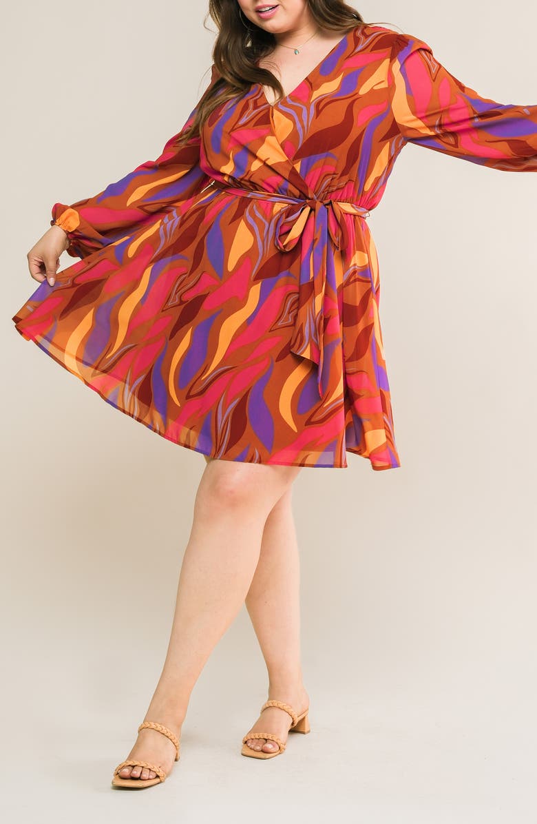 FLYING TOMATO Long Sleeve Print Minidress, Alternate, color, Brown