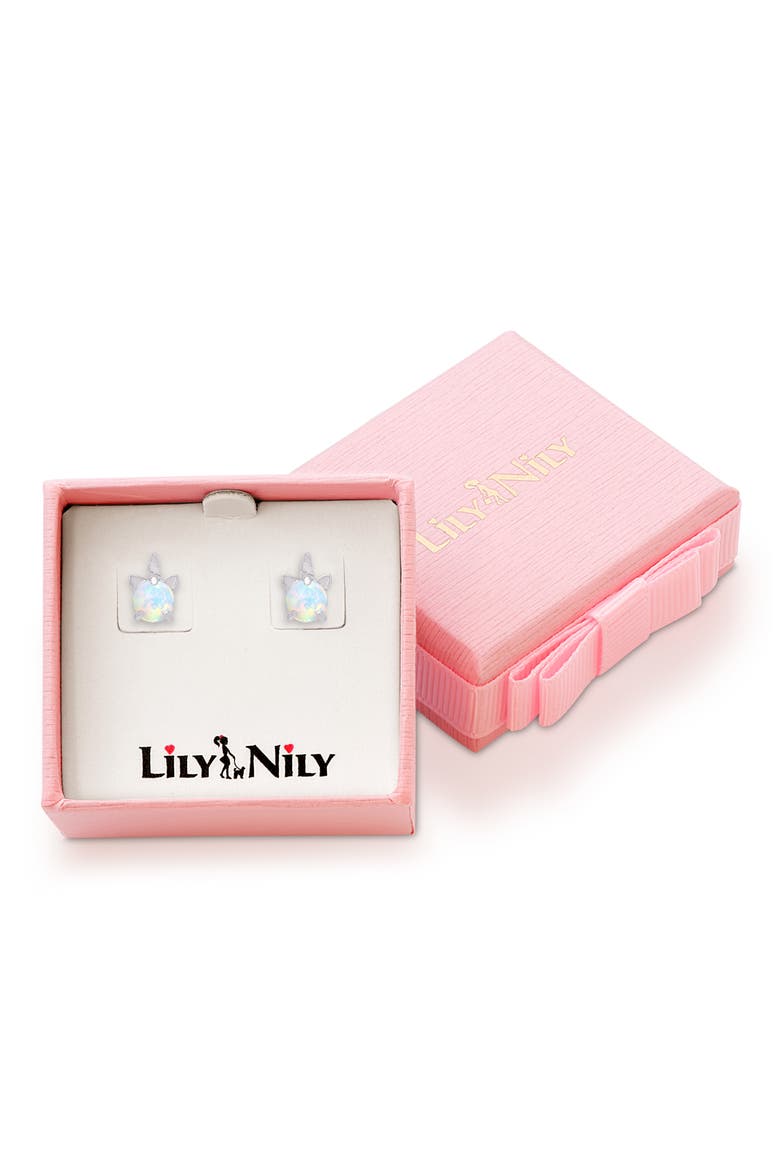 Kids' Lab Created Opal Unicorn Stud Earrings, Alternate, color, WHITE