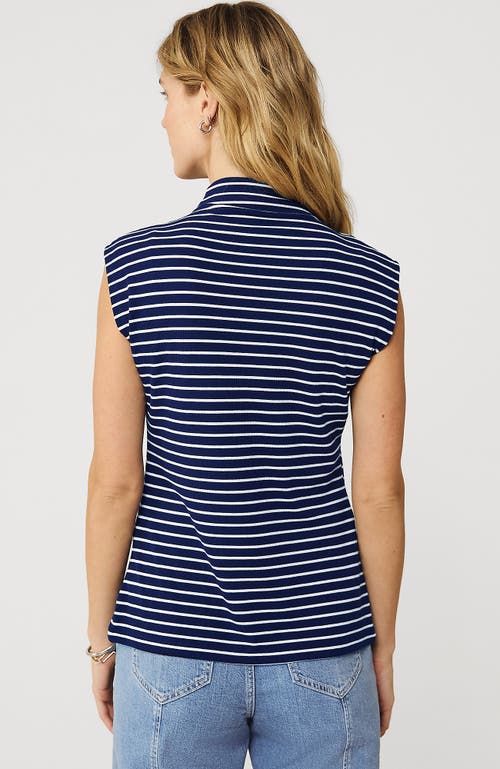 Lands' End Cap Sleeve Drapey Rib Fitted Funnel Neck Tank In Deep Sea Navy/ivory Stripe