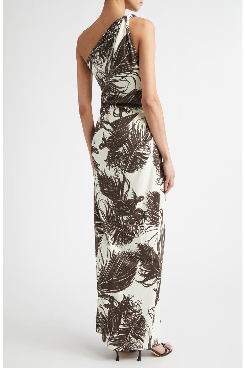 Feather Print One Shoulder Dress, Alternate, color, DARK BROWN/ ECRU