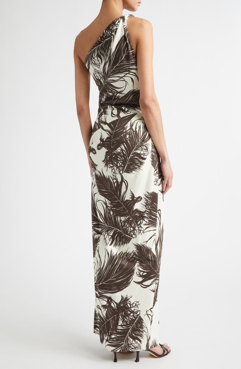 Oscar de la Renta Feather Print One Shoulder Dress, Alternate, color, Dark Brown/ Ecru