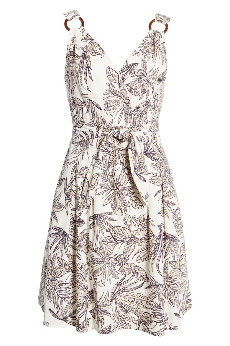 Linen Blend Tie Front Sleeveless Minidress, Alternate, color, IVORY NAVY
