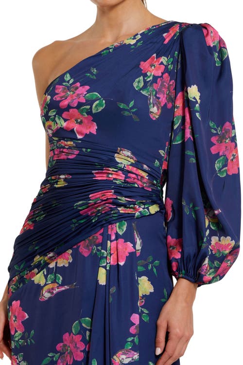 Mac Duggal Floral One-sleeve Charmeuse Gown With Slit In Blue