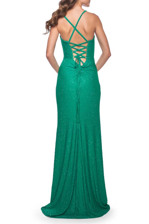 La Femme Rhinestone Embellished Jersey Gown With Square Neckline In Jade