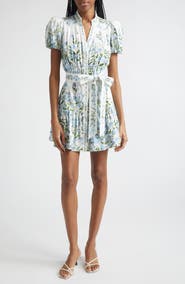 Alice + Olivia Cora Puff Sleeve Tie Belt Stretch Cotton Mini Shirtdress