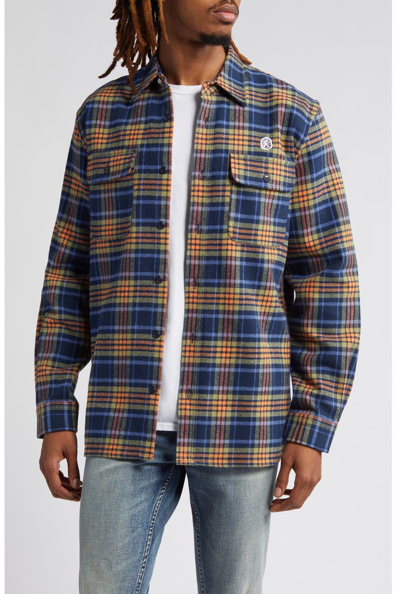 Contact Plaid Logo Appliqué Flannel Overshirt, Main, color, MARITIME
