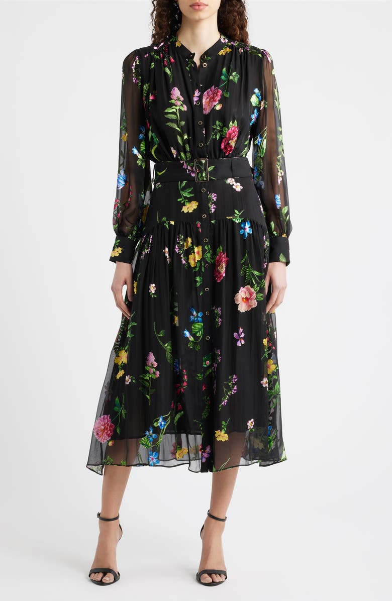 Elie Tahari The Janice Floral Print Long Sleeve Dress, Main, color, Noir Denim Garden