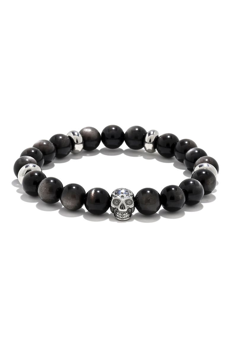 James Skull Head Beaded Stretch Bracelet, Main, color, SILVER