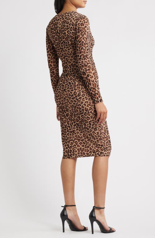Anne Klein Leopard Print Long Sleeve Midi Dress In Brown