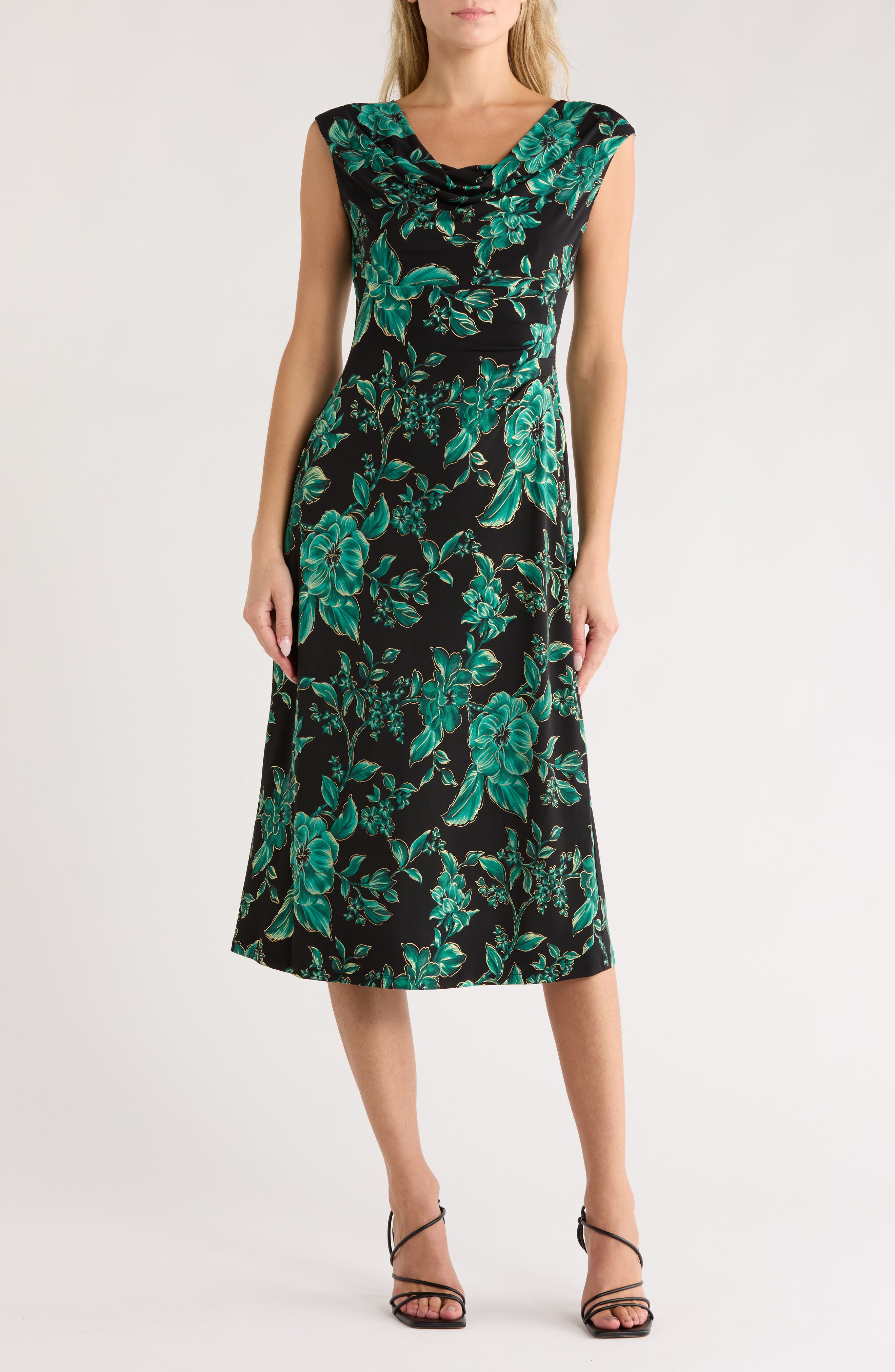Connected Apparel Cowl Neck Floral Midi Sheath Dress
