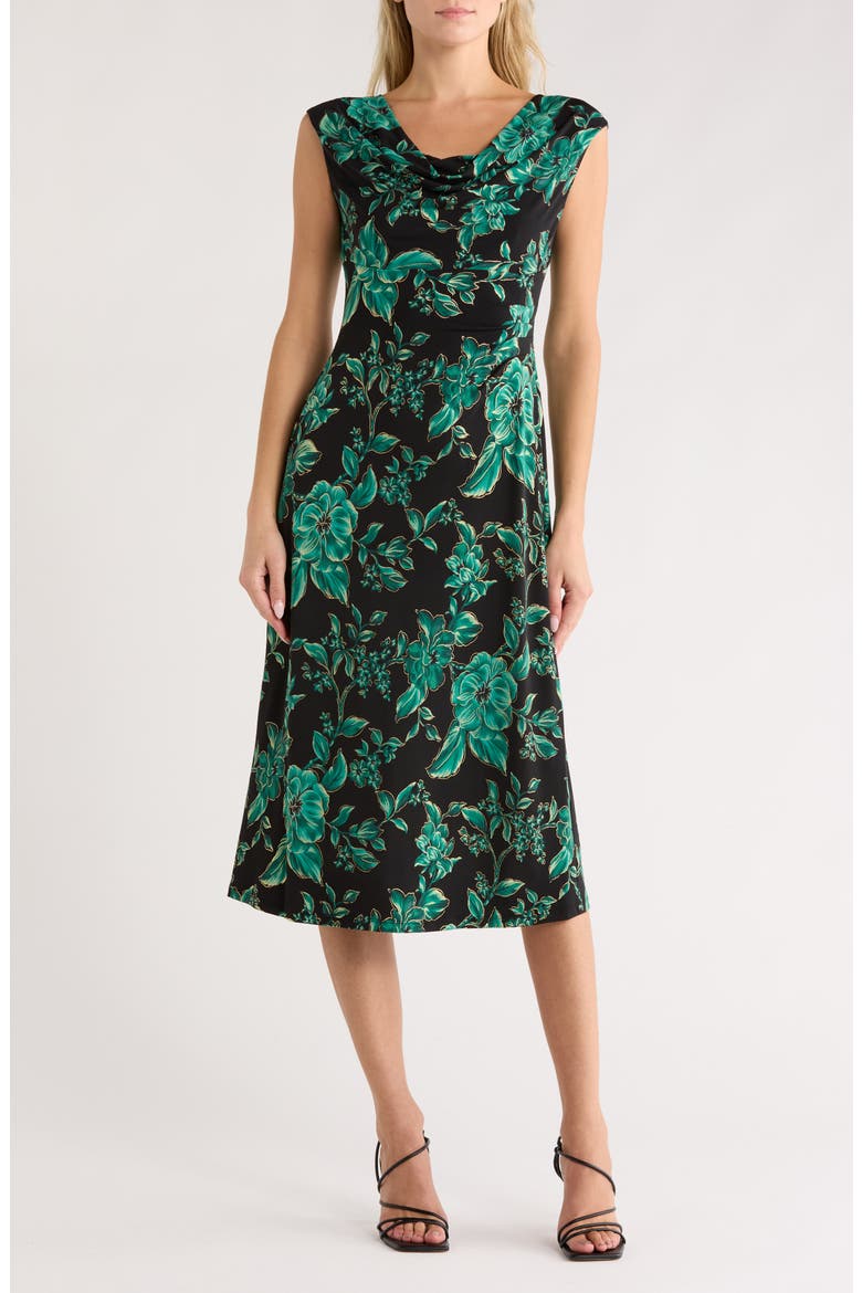 Cowl Neck Floral Midi Sheath Dress, Main, color, HUNTER