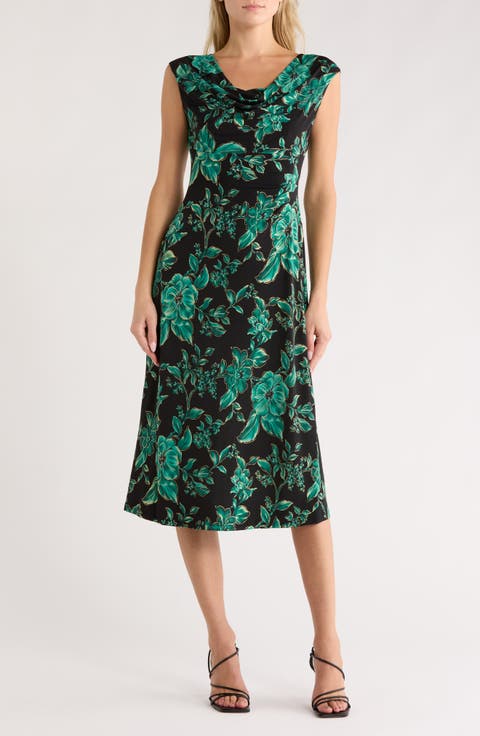 Cowl Neck Floral Midi Sheath Dress