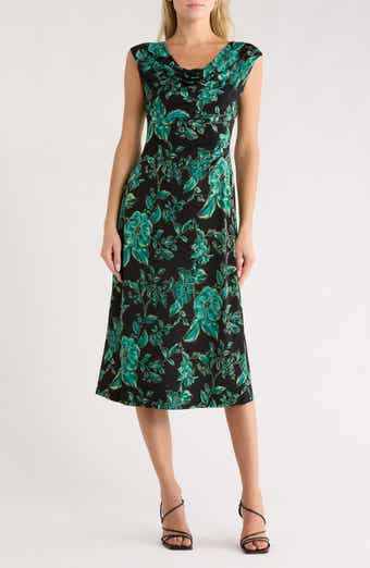 Connected Apparel Cowl Neck Floral Midi Sheath Dress