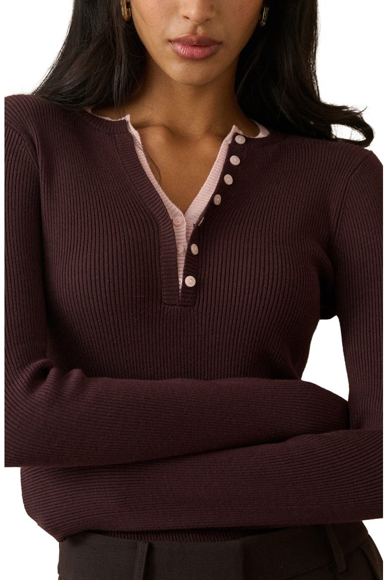 Double Layer Henley Sweater, Main, color, BROWN