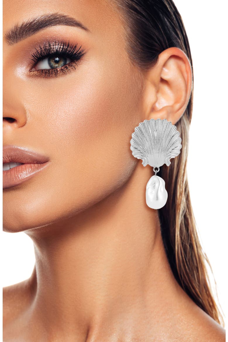 Faux Pearl Seashell Drop Earrings, Alternate, color, SILVER