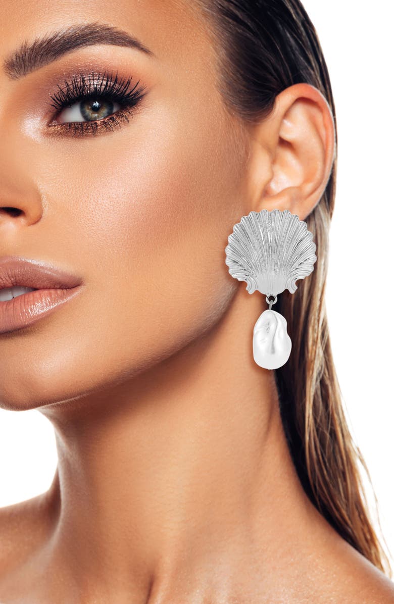 SPHERA MILANO Faux Pearl Seashell Drop Earrings, Alternate, color, Silver