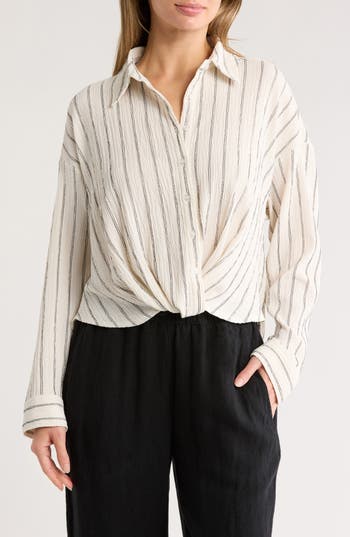 Caslon ® Stripe Twist Front Textured Button-up Top