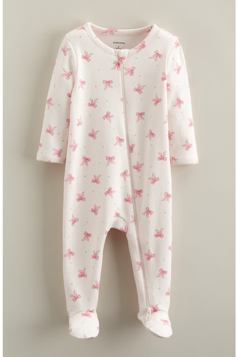 Two-Way Zip Printed Cotton Footie, Main, color, MULTI PINK DITSY BOWS