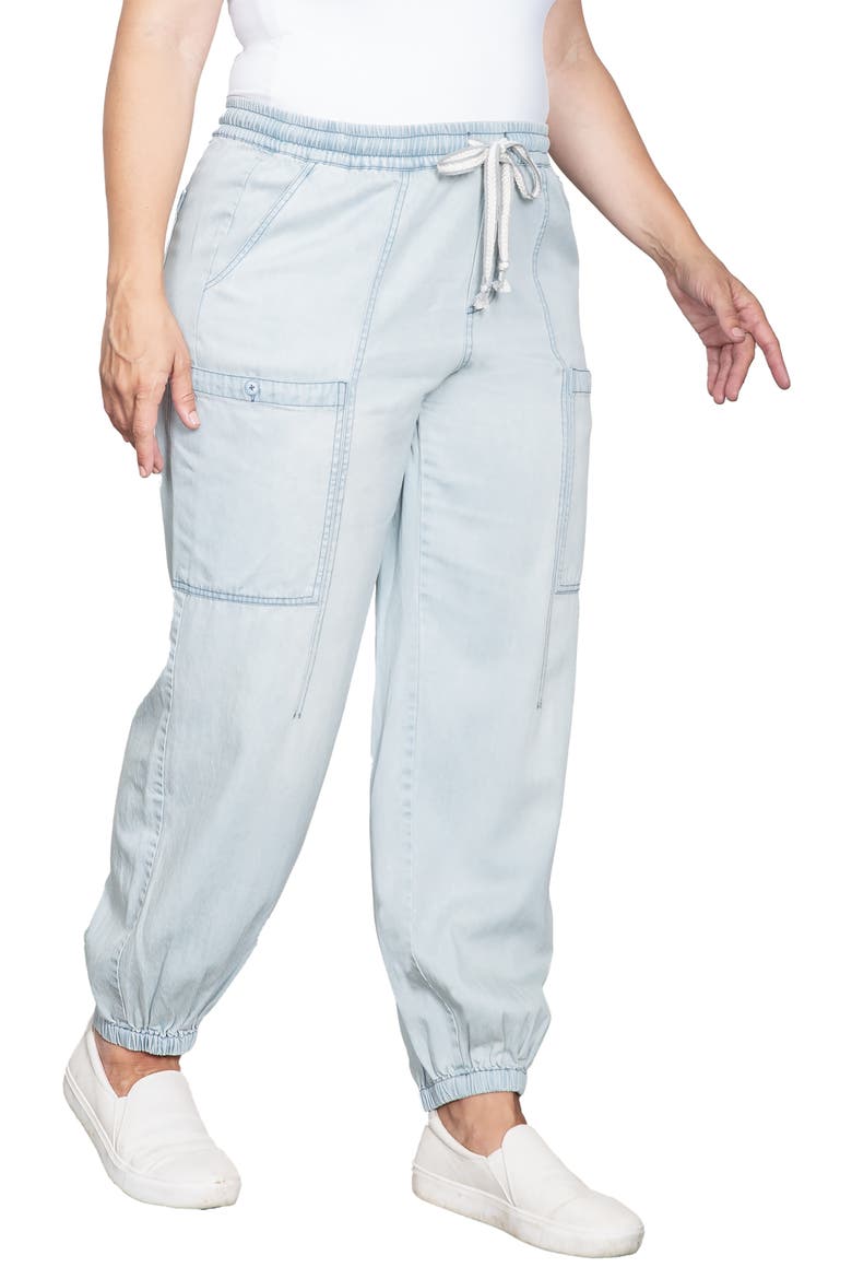 Low Slung Denim Cargo Joggers, Alternate, color, LIGHT HAND SAND